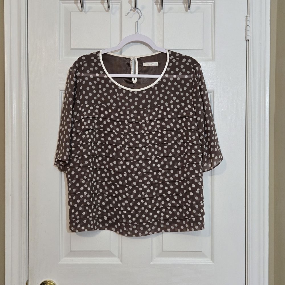 Jacques Vert Lined Women's Ruffled Polka Dot Top ~ Light Brown and Cream ~ Sz 16
